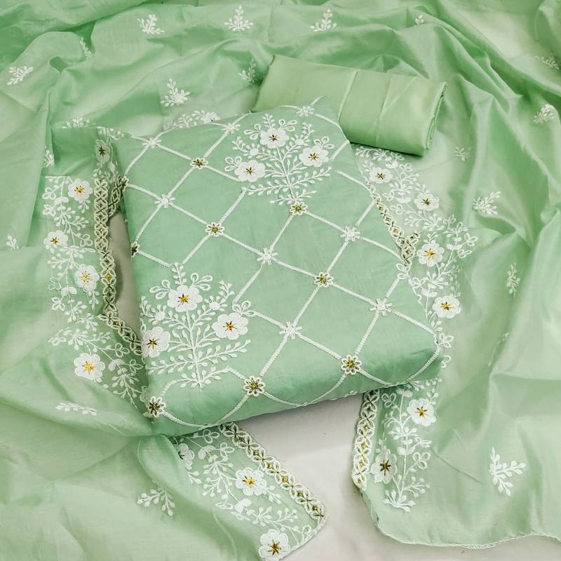 green cotton embroidered dress material