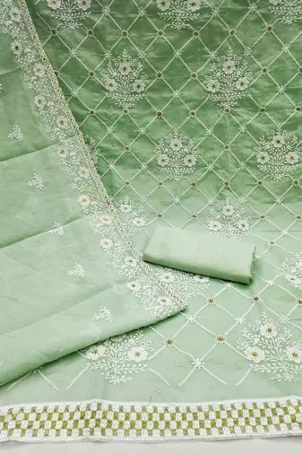 green cotton embroidered dress material