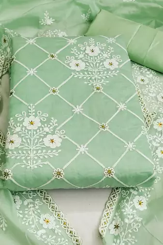 green cotton embroidered dress material