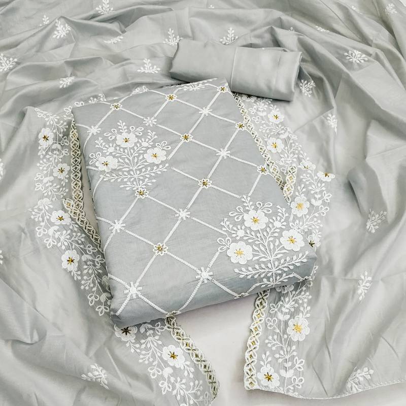 grey cotton embroidered dress material