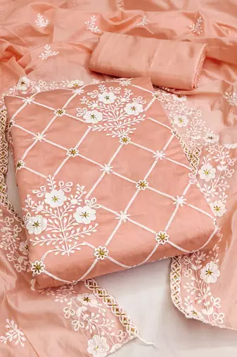 peach cotton embroidered dress material