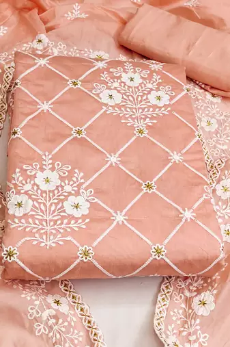 peach cotton embroidered dress material