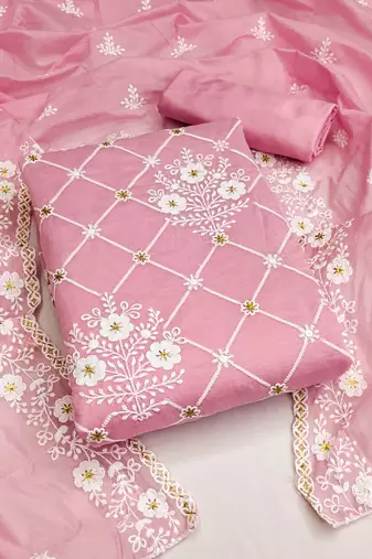 pink cotton embroidered dress material