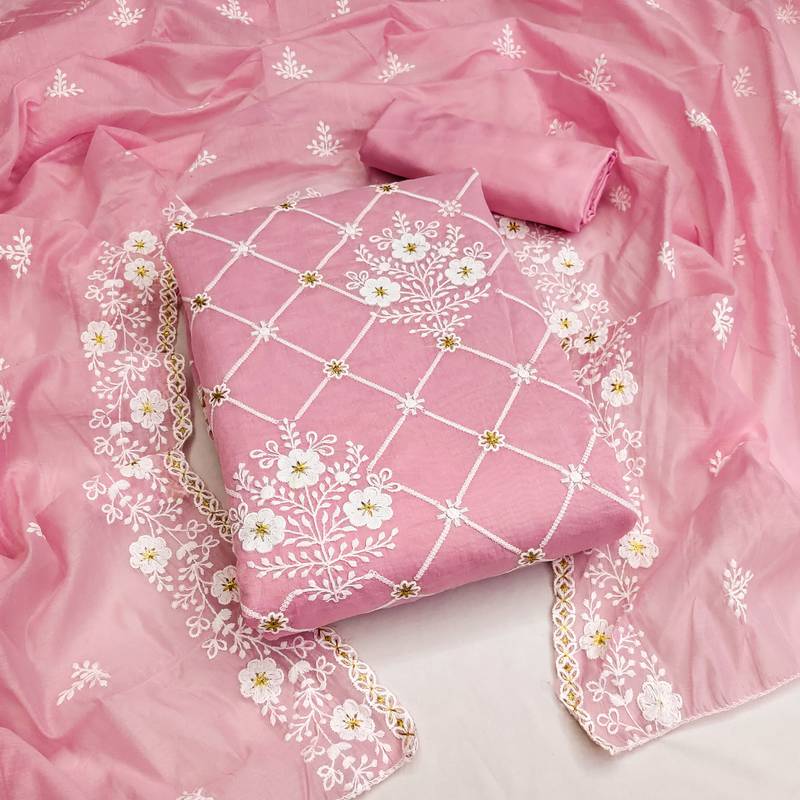 pink cotton embroidered dress material