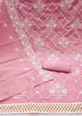 pink cotton embroidered dress material 2