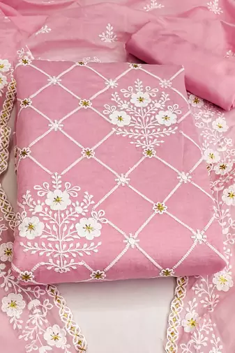 pink cotton embroidered dress material