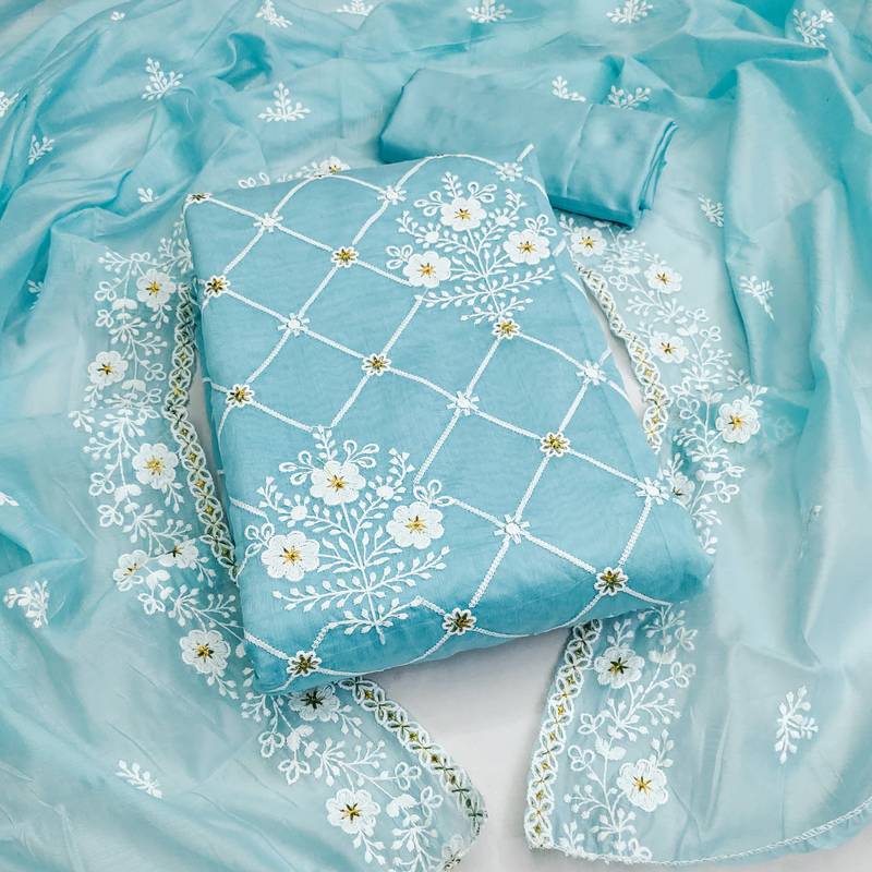 sky blue cotton embroidered dress material
