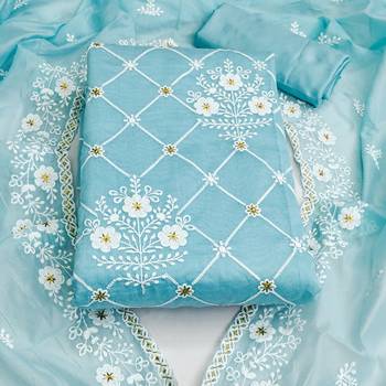 sky blue cotton embroidered dress material 3
