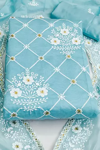 sky blue cotton embroidered dress material