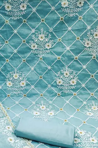 sky blue cotton embroidered dress material