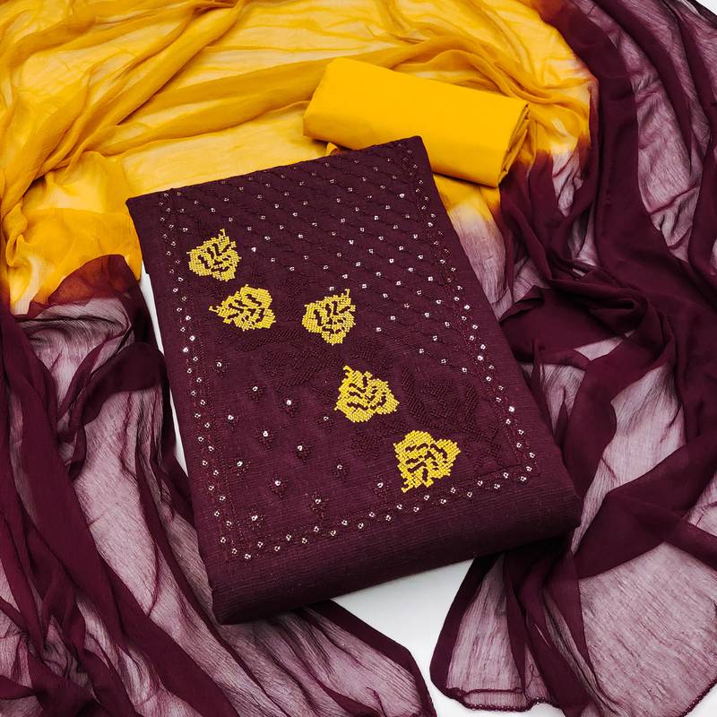 maroon cotton embroidered dress material
