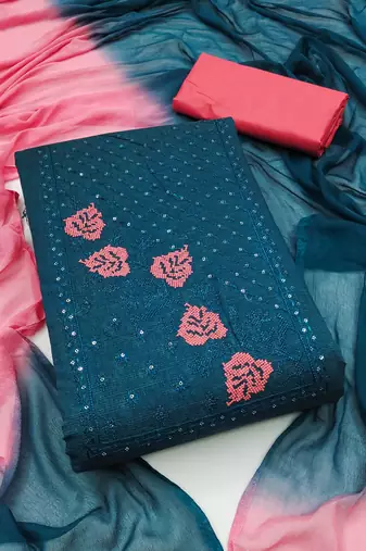 teal cotton embroidered dress material
