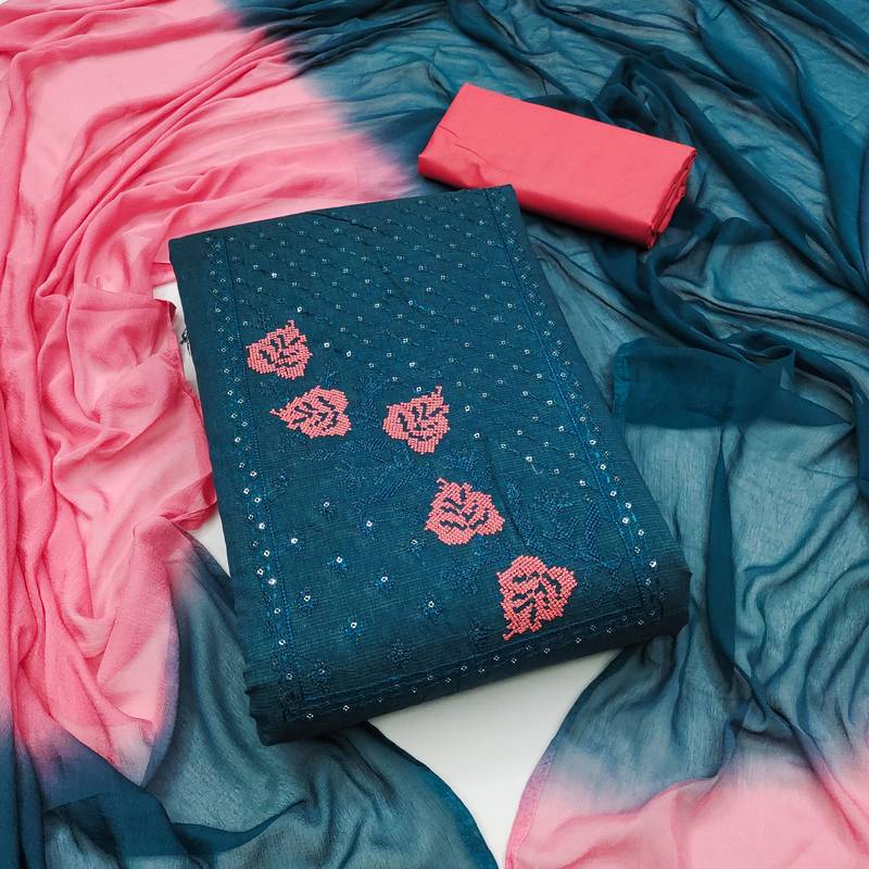 teal cotton embroidered dress material