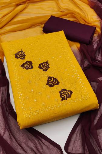 yellow cotton embroidered dress material