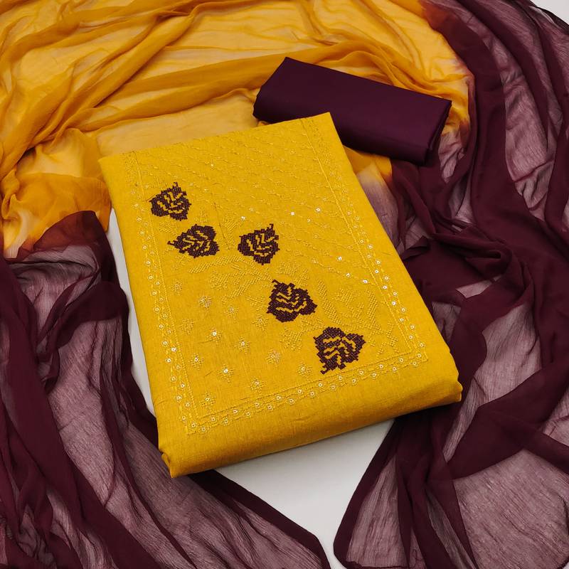 yellow cotton embroidered dress material