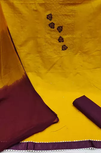 yellow cotton embroidered dress material