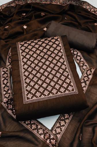 brown silk blend embroidered dress material