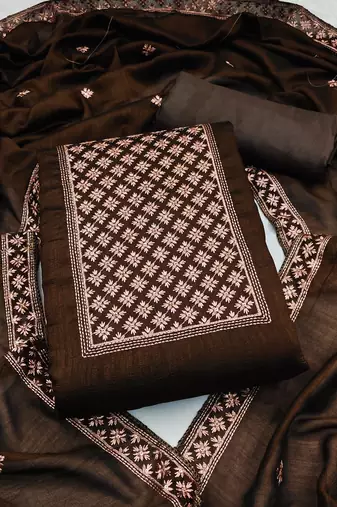 brown silk blend embroidered dress material