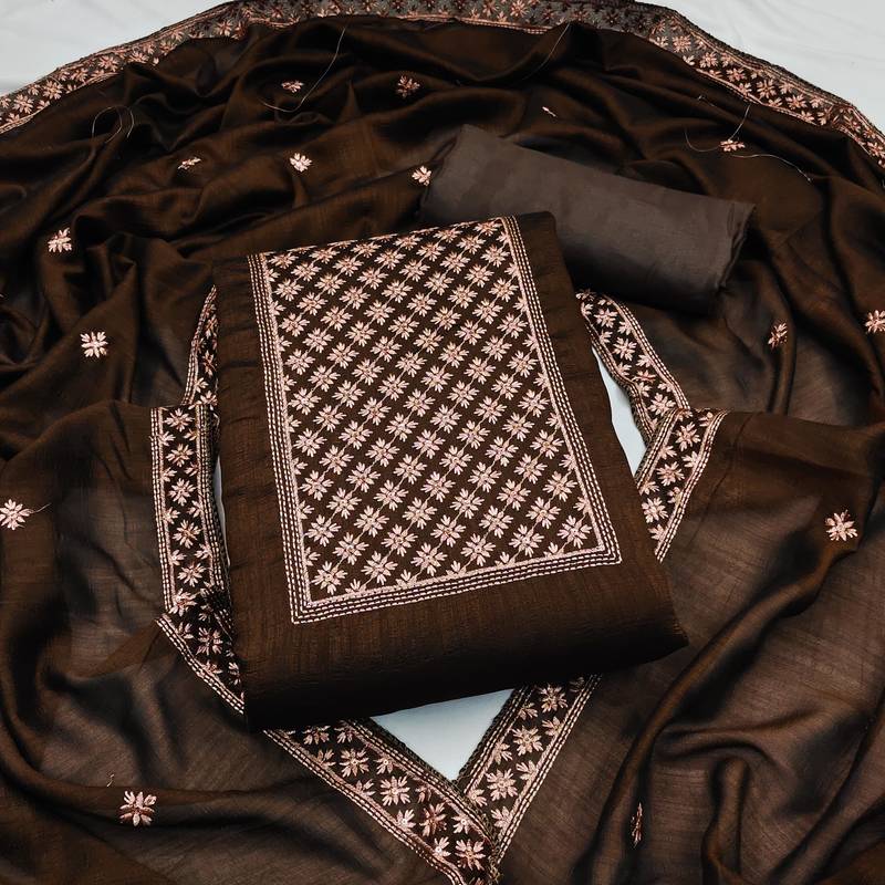 brown silk blend embroidered dress material