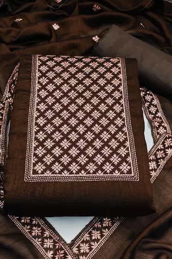 brown silk blend embroidered dress material