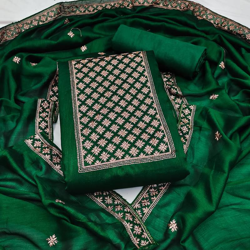 green silk blend embroidered dress material