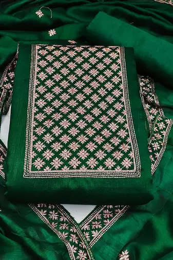 green silk blend embroidered dress material