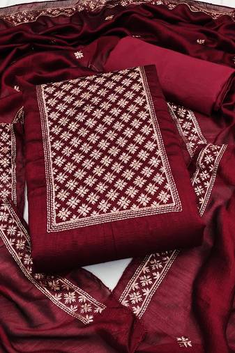 magenta silk blend embroidered dress material