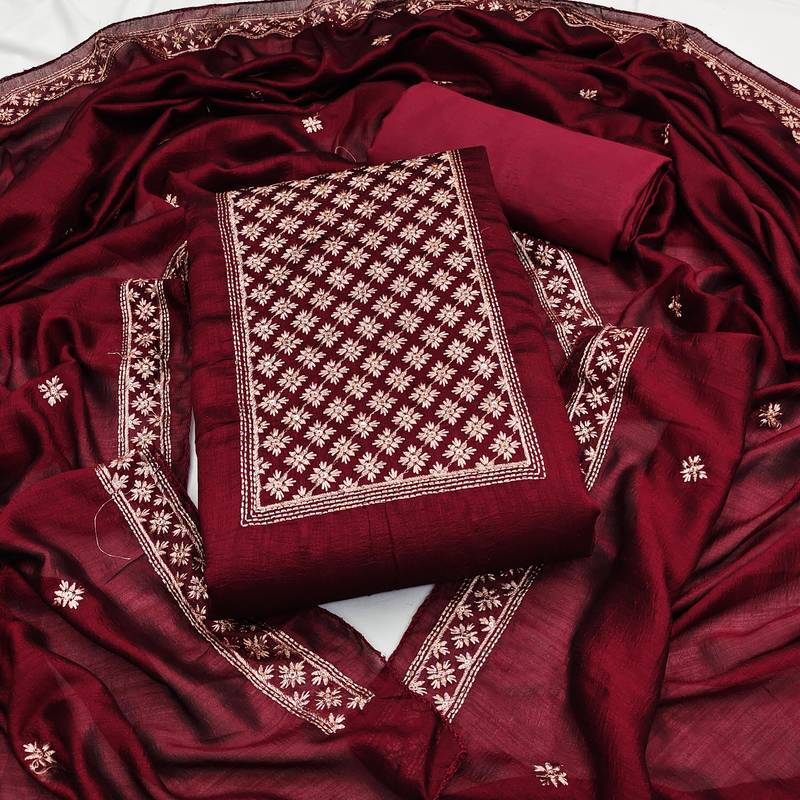 magenta silk blend embroidered dress material