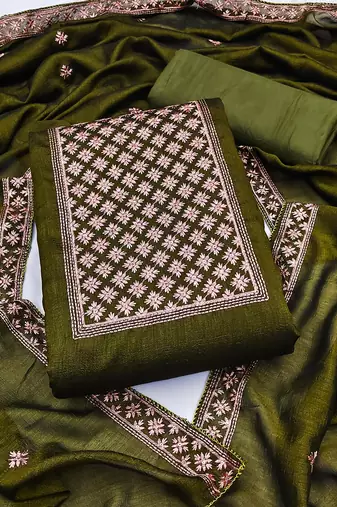 mehendi silk blend embroidered dress material