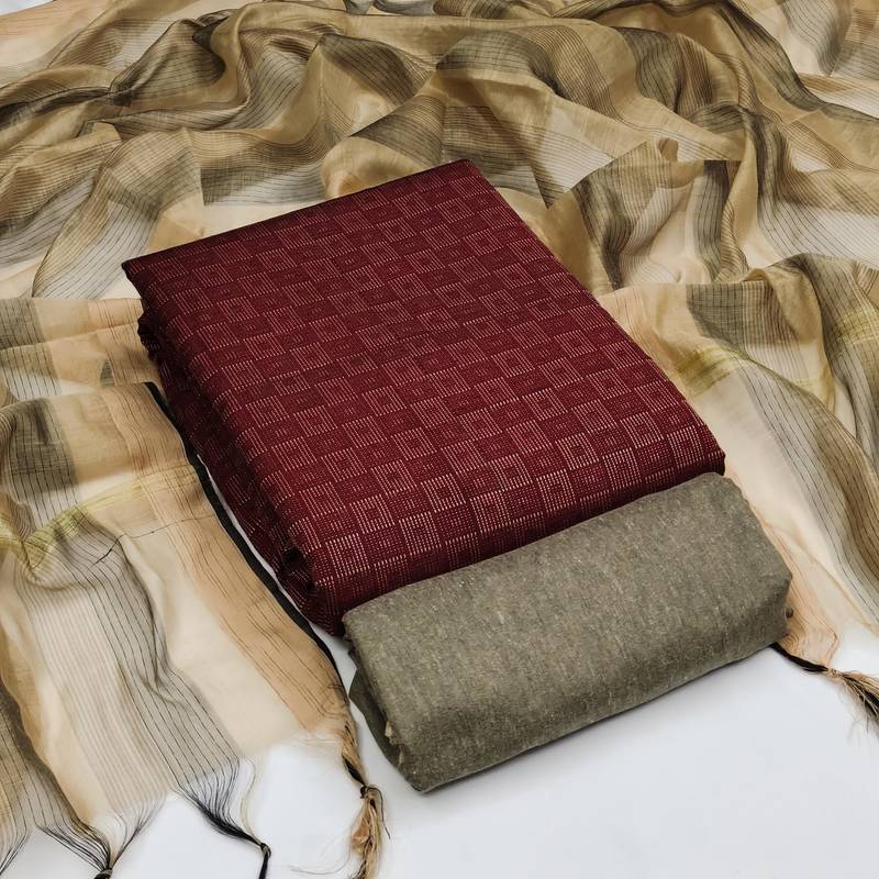 maroon cotton woven dress material