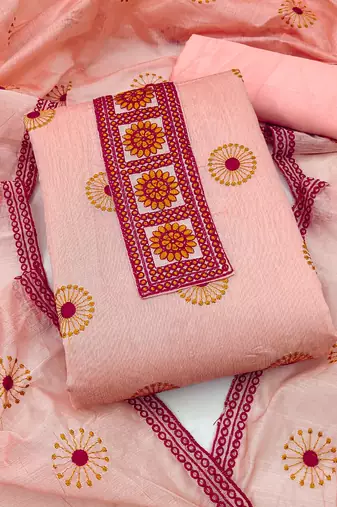 peach cotton embroidered dress material