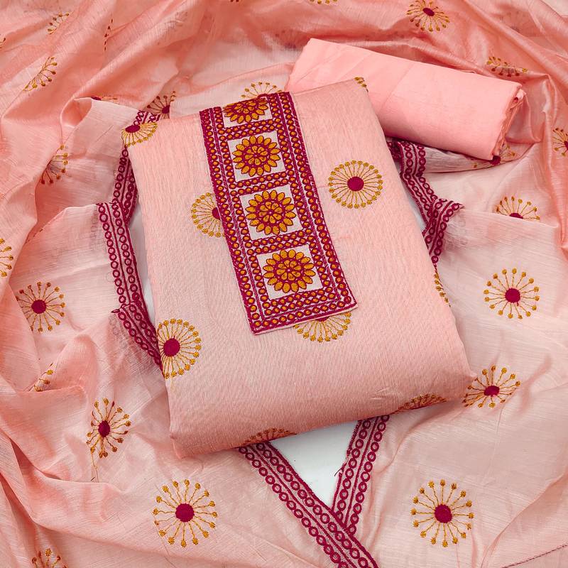 peach cotton embroidered dress material