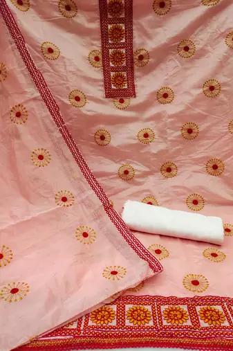 peach cotton embroidered dress material