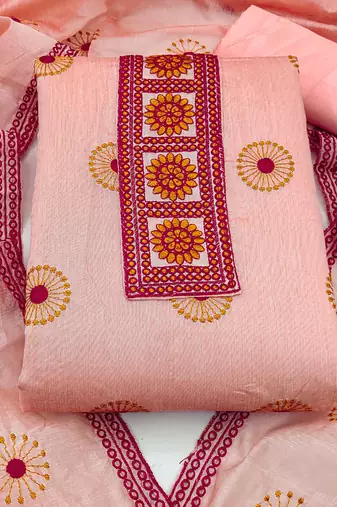 peach cotton embroidered dress material