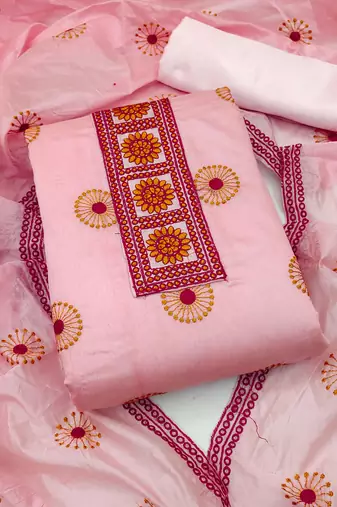 pink cotton embroidered dress material