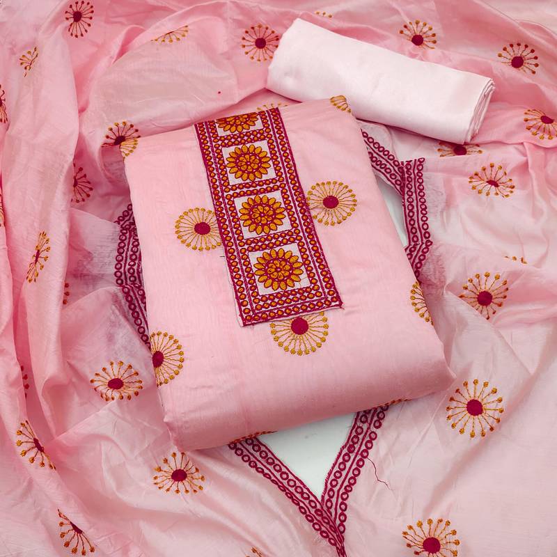 pink cotton embroidered dress material