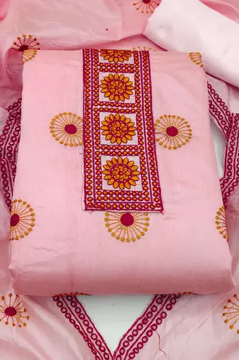 pink cotton embroidered dress material