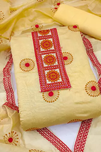 yellow cotton embroidered dress material