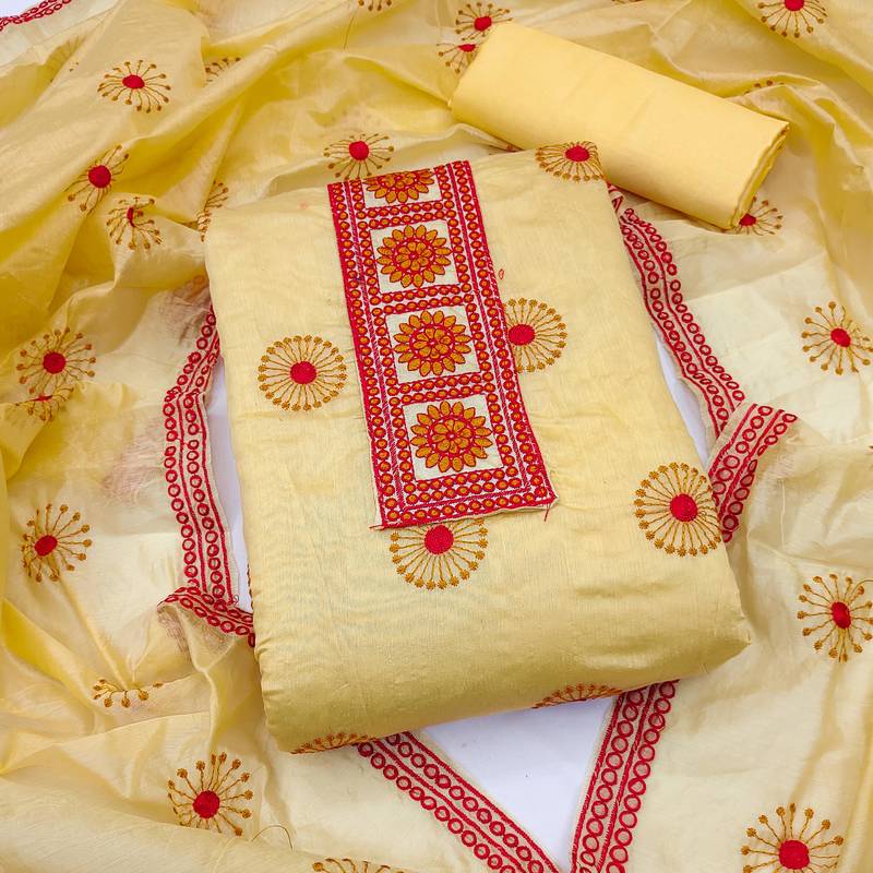 yellow cotton embroidered dress material