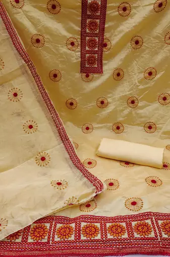 yellow cotton embroidered dress material