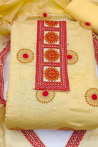 yellow cotton embroidered dress material