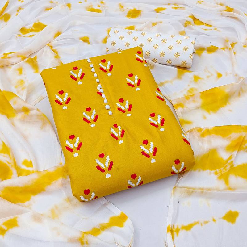 yellow cotton printed dress material
