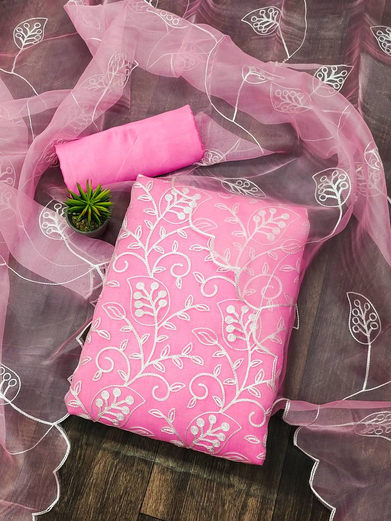 baby pink organza embroidered dress material