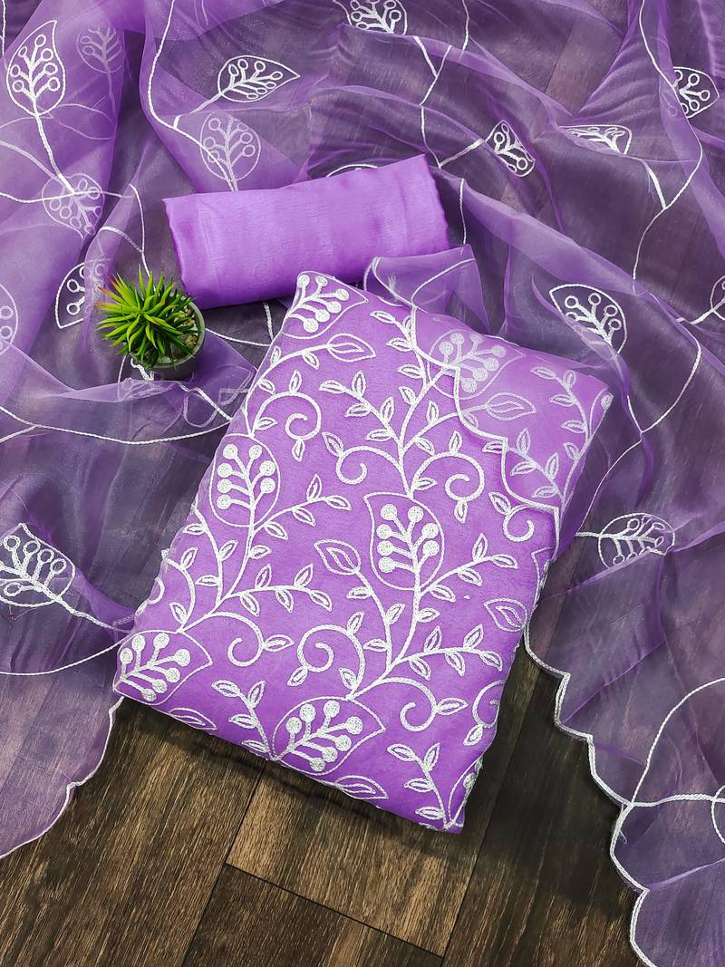 purple organza embroidered dress material