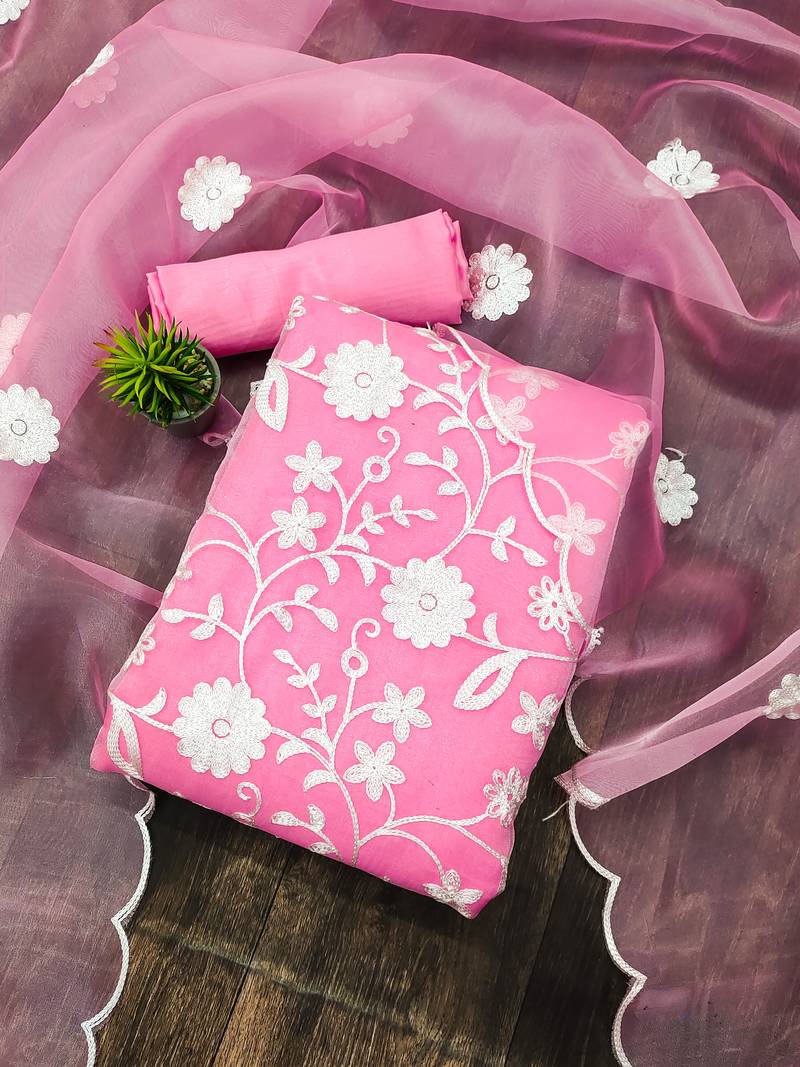 baby pink organza embroidered dress material