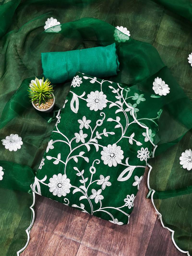green organza embroidered dress material