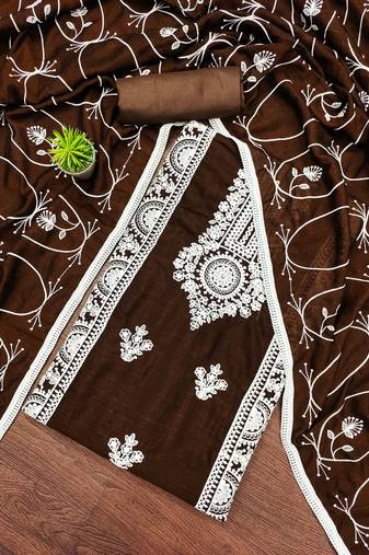 brown silk blend embroidered dress material