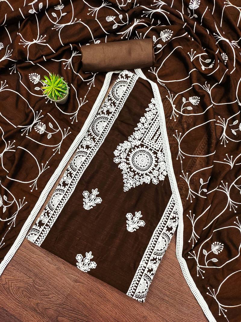brown silk blend embroidered dress material