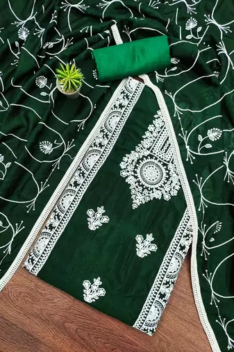 green silk blend embroidered dress material