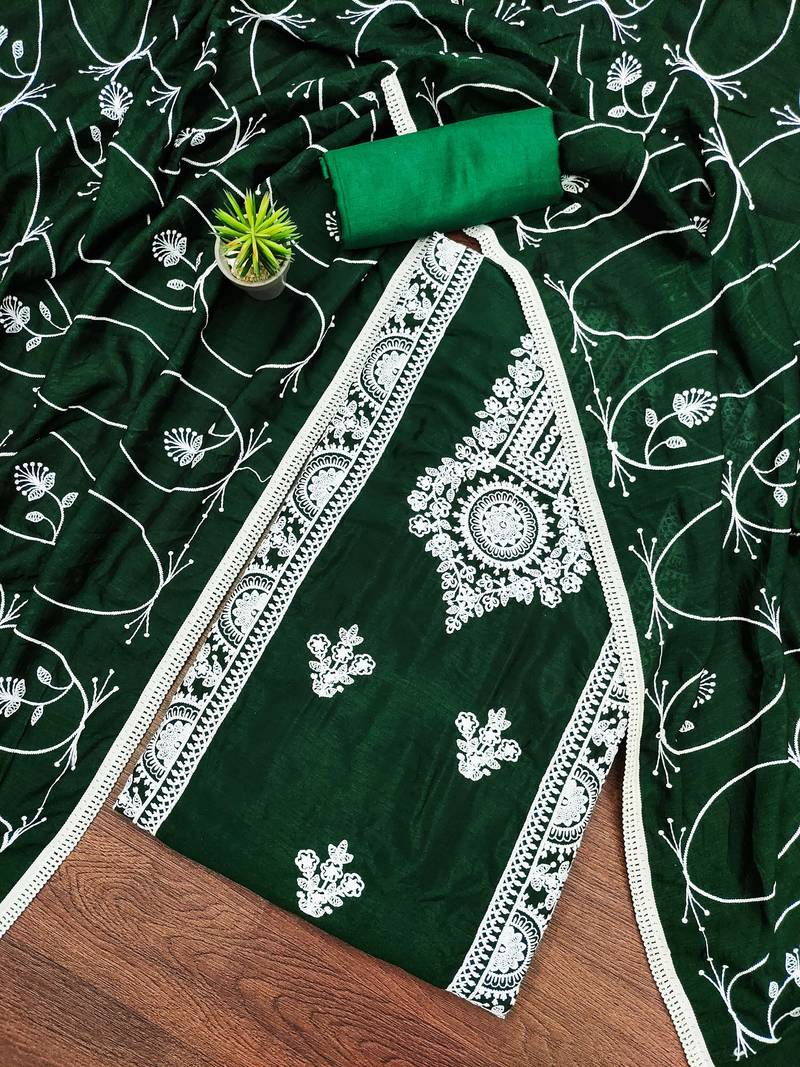 green silk blend embroidered dress material